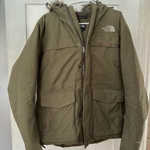 North Face Parka Jacket Men’s medium olive Full Zip Goose Down Fur Hood